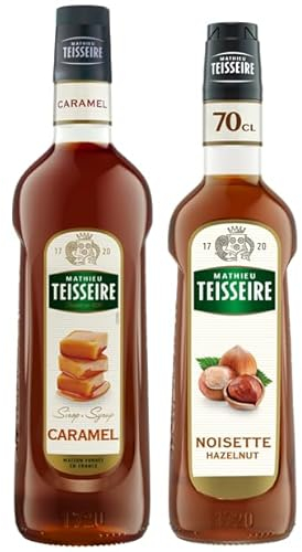 Mathieu Teisseire - Assortiment de Sirop de Caramel (1L) et de Sirop de Noisette (70cl) pour boissons chaudes et froides, cafés, chocolats 2 bouteilles.