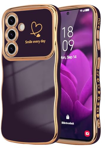LCHULLE Kompatibel mit Samsung Galaxy S23 FE Hülle Liebesherz Handyhülle Wellen Lockige Form Mädchen Kameraschutz Luxus Galvanik Schutzhülle Girls Silikon Case für Samsung S23 FE Dunkellila