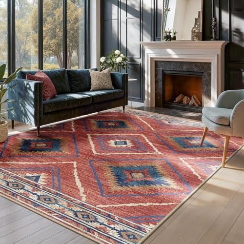 DEFYNEE Area Rugs Living Room 120 x 180 cm, Washable Rug for Bedroom, Red | Anti-Slip, Soft Low Pile, Retro Moroccan Style, Area Covering for Dining Room, Kitchen, Hallway, Entryway
