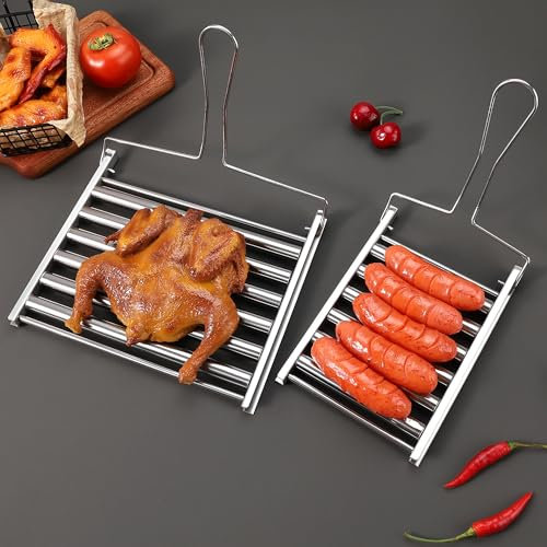MZSX 2pcs Hot Dog Roller, 6 Rollen für 5 Hot Dogs, BBQ Hot Dog Griller für gleichmäßig gekochte Hot Dogs, Camping Barbecue Zubehör, BBQ Werkzeug, Grill Wurst Roller Grillrost