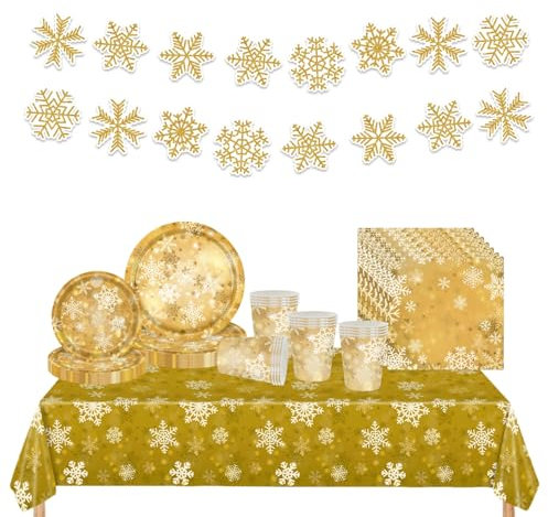 70Pcs Christmas Gold Tableware Set with Gold Snowflake Cups, Napkins, Plates and Table Cloth, Xmas Snowflake Banner and Dinnerware for Adults and Kids Party