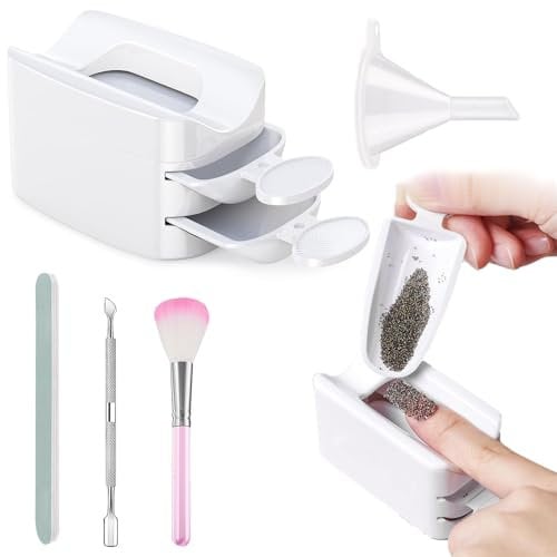 Portable Nail Dip Powder Kit with Recycling Tray, 2 Spoon Metal Cuticle Pusher, Nail Dust Brush & File for DIY French Manicure at Home