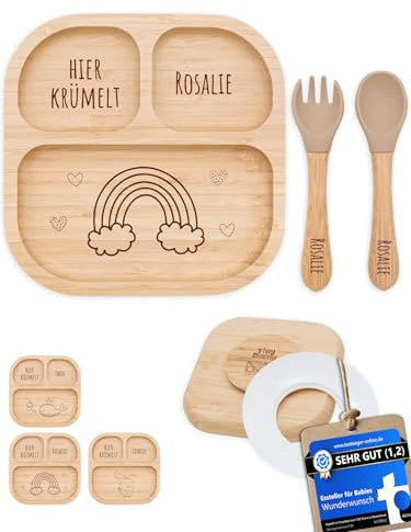 Bärenfreunde® - Personalisierter Teller Mit Saugnapf - Praktisches Beikost Zubehör Mit Namen - Baby Teller Rutschfest - Personalisierte Geschenke (Regenbogen)
