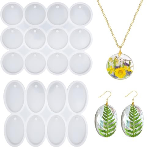 2 Stück Epoxidharz Formen Schmuck, Silikonform Anhänger Rund Oval, Formen Epoxidharz Silikonform Schlüsselanhänger, Silikon Form Anhänger mit Loch, Silikonform Schmuck Harz für Ohrringe, DIY Basteln