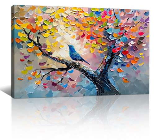 Astratto Fiore Floreale Alberi Uccello Grande Stampa su Tela Con Cornice Quadro Natura Colorato Albero della vita Quadri su Tela Pittura su tela soggiorno camera da letto Decorazione Murale 90x60cm