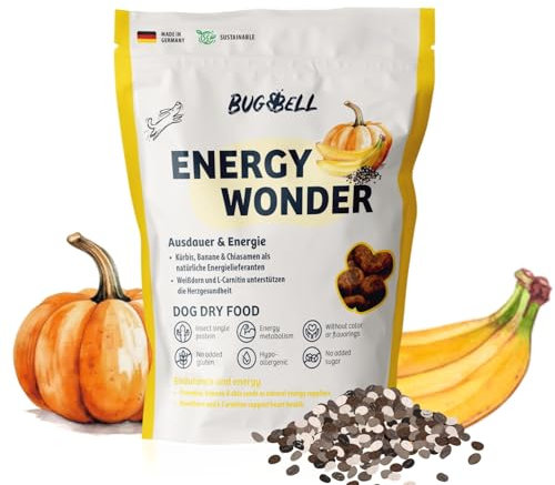 BugBell 800g High Energy Trockenfutter für Hunde, Insektenprotein ohne Getreide, Banane & Kürbis & Chia & Lachsöl & L-Carnitin unterstützen ein aktives Hundeleben, 100% transparente Deklaration