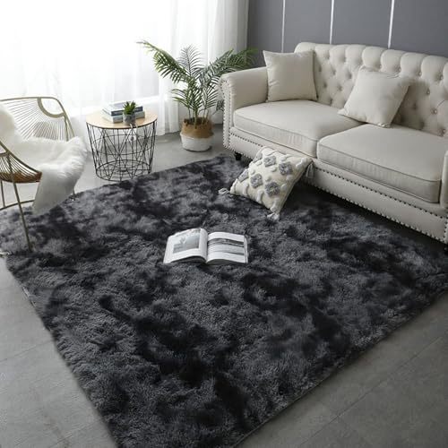 Teppich Kunstfell Teppich Hochflor 250 x 345 cm Flauschig, Weich, Pflegeleicht, Anti-Rutsch, Waschbar Wohnzimmer Läufer Carpet Langflor Teppich Langflor für Wohnzimmer, Schlafzimmer, Dunkelgrau