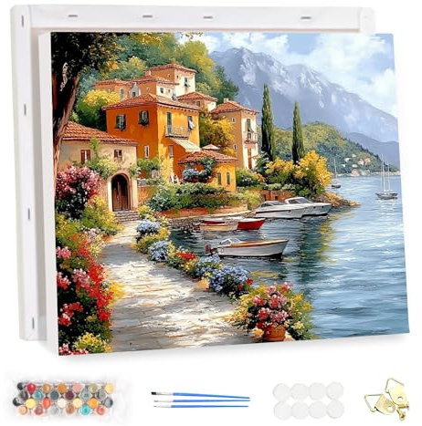 MEIYUDA Peinture par Numero Adulte avec Cadre Lac Sea Town, DIY Peinture Acrylique pour Débutants, Peinture par Numero Facile sur Toile Avec Peintures et Pinceaux Decoration Maison Cadeau 40x30cm