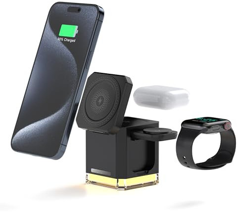 HotTopStar 4 in 1 Wireless Charging Station, Foldable Wireless Charger for Apple,Fast Charger for Apple Watch Ultra/8/7/6/SE/3/2,AirPods Pro/Pro2/2/3,Charger Stand for iPhone 16/15/14/13/12/11-Black