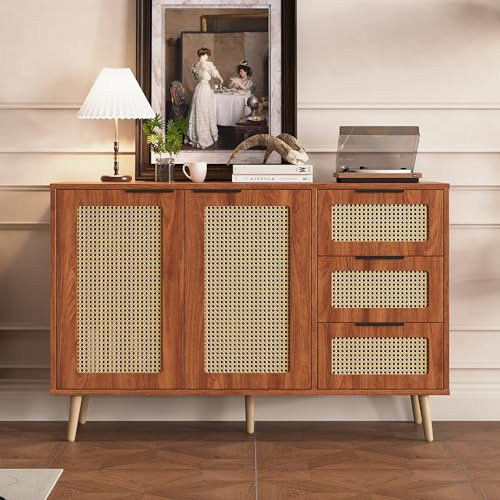 A ALFRESCOOL Kommode mit 3 Schubladen und 2 Türen, Rattan Sideboard Schubladenschrank ausgestattet mit schwarzen Griffen für Schlafzimmer & Wohnräume & Büro, Nussbaum, 120 x 38 x 78 cm