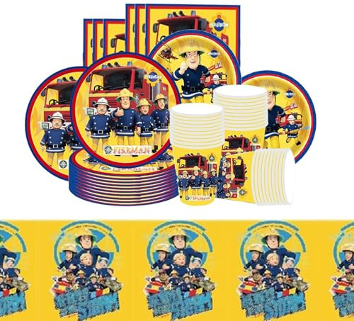69 PCS Feuerwehrleute Partygeschirr Set，Feuerwehrleute Geburtstag Deko，Party Deko，Deko Geburtstag，Party Tableware，Servietten，Pappteller，Pappbecher，Tischdecke，Perfekt für 16 Personen
