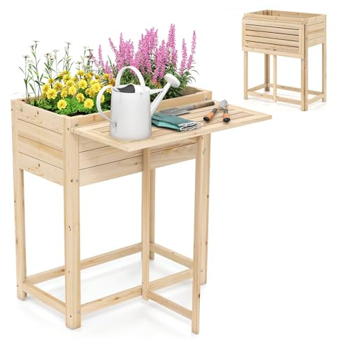 COSTWAY Hochbeet mit klappbarer Tischplatte, Blumenkasten Holz mit Abflusslöchern, erhöhter Pflanzkasten für Blumen Kräuter Gemüse Obst, Gartenbeet Tannenholz, 63 x 67 x 74 cm, Natur