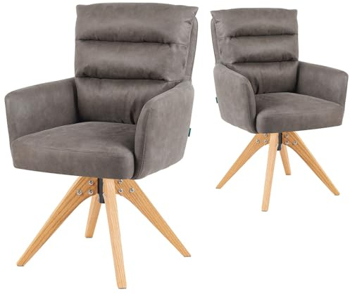 DUBI Möbel Esszimmerstühle 2er Set 360° drehbar mit Taschenfederkern, hoher Sitzkomfort, bis 150 kg belastbar, abriebfester Stoff Taupe, Eiche Massivholzgestell geölt (Natur), Mika-Juna