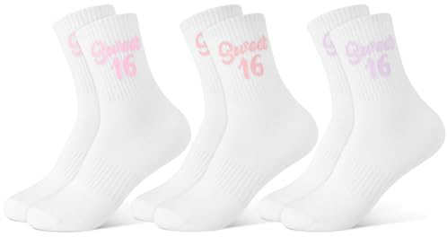 Vyuwast 3er Pack 16 Geburtstag Mädchen Geschenk, Geschenke für 16 Jährige Mädchen Lustige Socken für Sweet 16 Jahre 35-39(weiß)