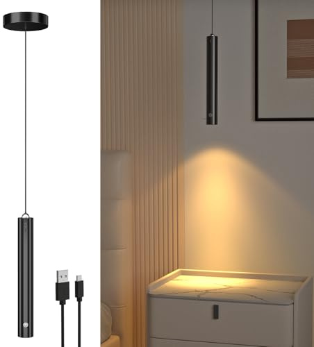 Lamptobe Akku Pendelleuchte Schwarz mit Batterie,1 Stück 3W Akku Hängelampe mit Touch Dimmbar,Hängelampe mit 3000 mAh batterie,Höhenverstellbar 200cm,für Kücheninsel,Nachttisch,Schlafzimmer