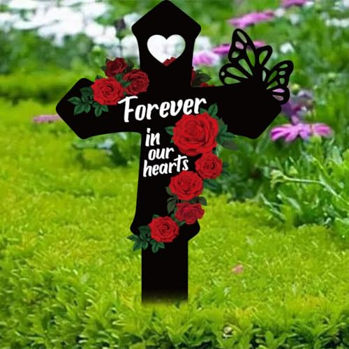 PRESSINART Décorations de Cimetière en Croix pour la Tombe de Fils Maman Papa 8.7 x 5.9 x 0.04 pouce Croix Mémorial en Métal avec Roses et Papillons pour Toujours dans Nos Cœurs. Marqueur de Cimetière