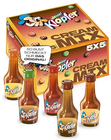 Kleiner Klopfer Cream Mix I 25 Mini Liköre à 20 ml I 5 cremige Sorten Espresso Macchiato, Lemon Cheesecake, Haselnuss, Cherry Biscuit & Cream I 15-17% Vol. I Likör-Mix für Party & Karneval