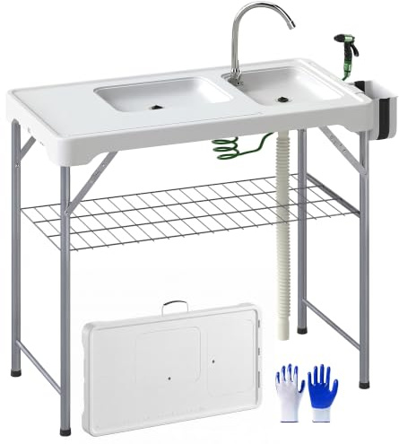 Outsunny Folding Camping Sink Table with Sink, Sprayer, 80KG Capacity | Outdoor Fish Cutting Table, Faucet & Drainage Hose, Storage Shelf, Portable, Picnic, Fish Cleaning Station