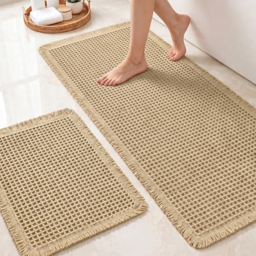 wiipara Großer Badezimmerteppich Set 2 Teilig, Boho Waffel Badteppich Beige | Rutschfeste Badematte Waschbar Badezimmermatte Bad Vorleger für Wohnzimmer Badezimmer Wäscheraum Küche, 50x120cm + 43x61cm