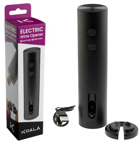 KOALA Sacacorchos Eléctrico Recargable, Mini Compacto 4,5 x 18,5 cm | Incluidos Corta Cápsulas y Cable USB, Apertura Automática en 3 Pasos, Batería Recargable de 500 mAh, Material ABS Negro