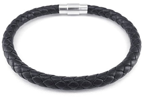 Konov Jewellery Herren Damen Lederarmband geflochten 6 mm Magnetverschluss Schwarz (mit Geschenkbeutel)