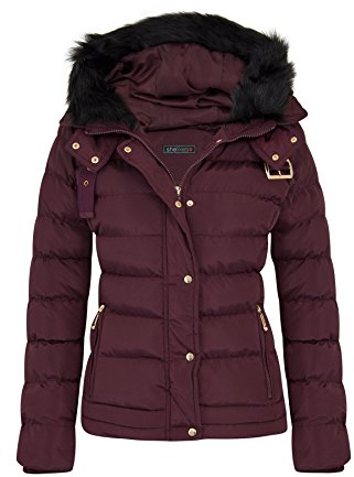 shelikes Womens Hooded Winter Jacket Quilted Padded Warm Coat Parka Jacket With Faux Fur Hood & Zip Pocket