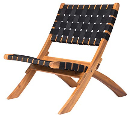 Balkene Home 62774 Sava Indoor Outdoor Folding Chair Low Slung Portable Seating Solid Acacia Wood Woven Seat & Back Indoors Porch Lawn Garden Fishing Sporting - Black Webbing