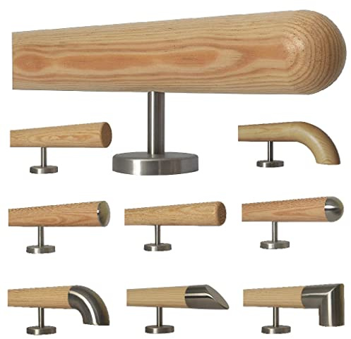 TIBU Kiefer Holz Handlauf Geländer 0,3m - 5m, Länge 400 cm, Ende Halbkugel gefräst und 5 gerade Halter