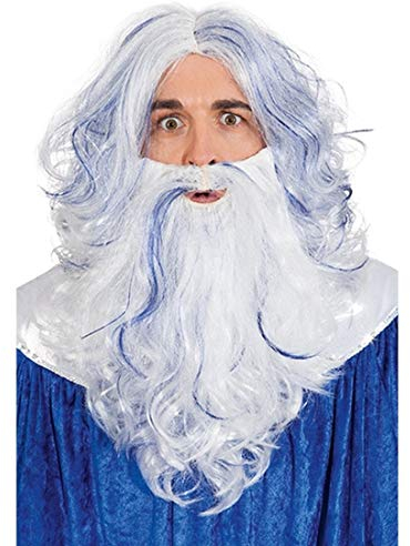 NET TOYS Zubehör-Set Wassermann für Erwachsene | Weiß-Blau | Wertige Männer-Perücke mit Bart Neptun | Perfekt geeignet für Mottoparty & Fasching