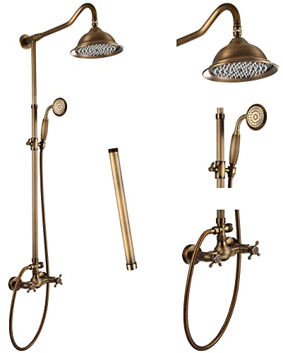 Aolemi Duscharmatur Antik Messing 8 Zoll Regenduschkopf 12 Zoll Verlängerungsrohr inklusive Handbrause Duscharmatur Dual Knobs Mixer Badezimmer Duschsystem Kombo Set Wandhalterung