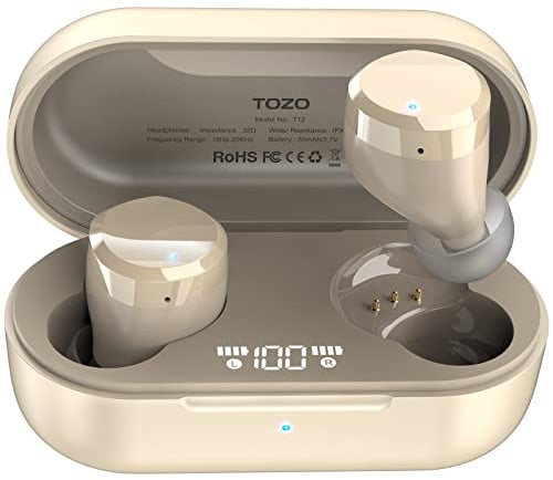 TOZO T12 Bluetooth Kopfhörer 5.3 Kopfhörer Kabellos Bluetooth, In Ear Ohrhörer mit 48 Std Spielzeit Premium Tiefer Bass, LED-Anzeige, Touch-Steuerung, IPX8 Wasserdicht Sport Kopfhörer - Champagner