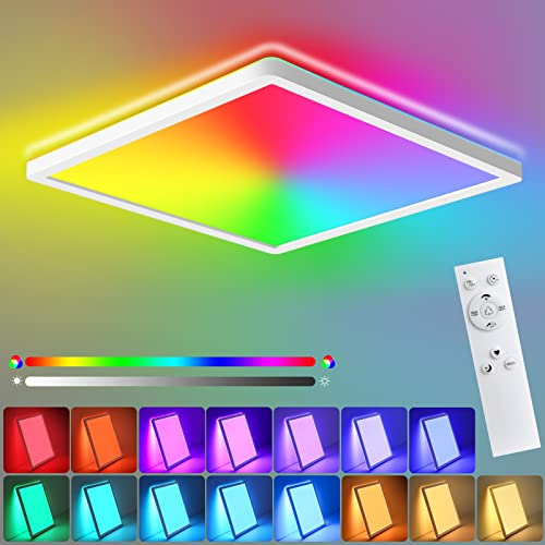Oraymin LED Deckenleuchte Dimmbar mit Fernbedienung, 22W 2420LM 30CM/RGB Farbwechsel LED Deckenlampe Dimmbar, IP44 Quadratisch Flach Panel Lampe für Wohnzimmer Schlafzimmer Kinderzimmer 4000K Warmweiß