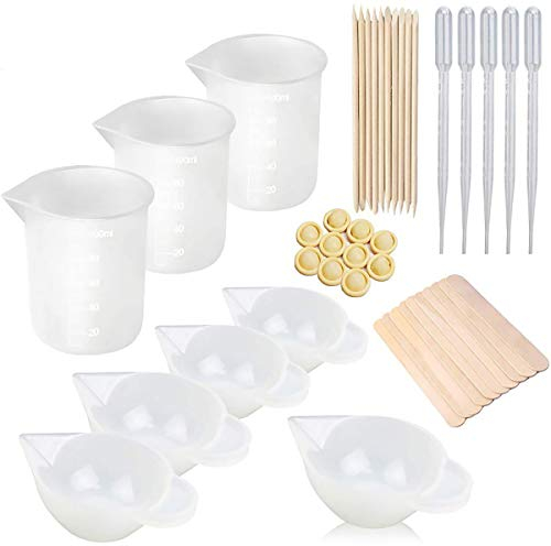 tooloflife Juego de 43 vasos medidores de silicona para resina de 100 ml, vasos de mezcla, pipetas, dedos, varilla de agitación para hacer joyas de resina epoxi