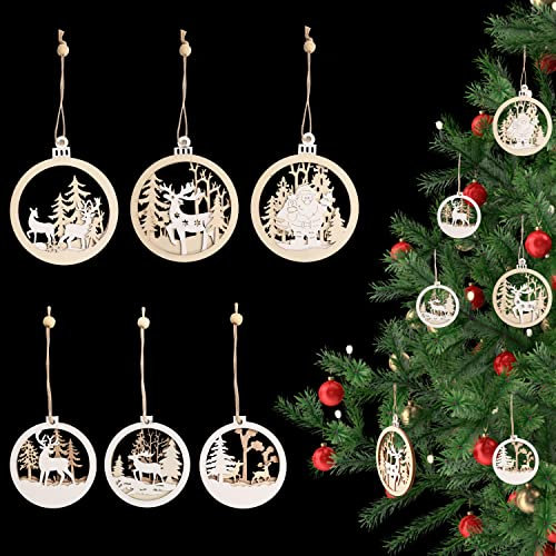 Belle Vous Decoration Tannenbaum aus Holz, lasergeschnitten und zum Aufhängen (6 Stück) – Holzornament Weihnachten mit traditionellen Motiven – Weihnachtskugel, Holz und Weiß