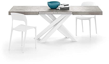 MOBILI FIVER, Mesa Extensible Emma 140(220) x90 cm, Color Cemento Gris con Patas Cruzadas Blancas, para 6-10 Personas, Mesa Extensible de Comedor, Mesa Cocina, Salon, Made In Italy