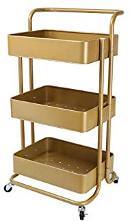 Echtwerk mobiler Servierwagen für Küche/ Bad/ Büro mit 3 Ebenen, Küchenrollwagen, Küchenwagen, Werkzeugwagen, Bastelwagen, Allzweckwagen mit Schiebegriff, Gold-Edition, 43 x 32 x 86 cm