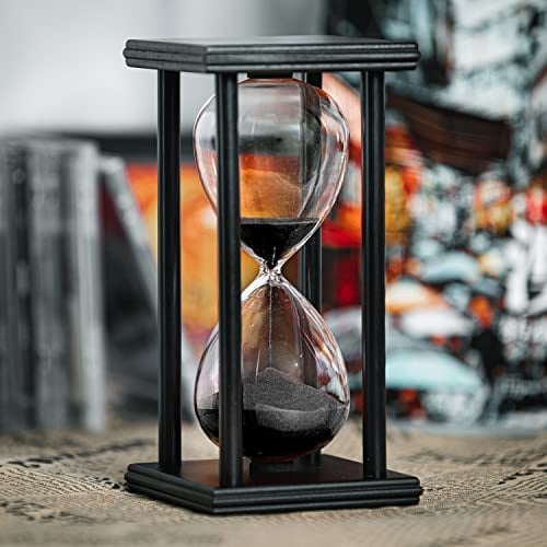 Sablier décoratif de 60 minutes avec cadre en bois noir (sable noir, 20,3 x 10,2 x 10,2 cm)
