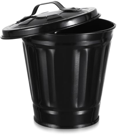 Hemobllo Table Trash Can - Desk Bin with Lid Mini Waste Bin Small Desktop Trash Can Iron Waste Dustbin with Lid for Bathroom, Bedroom, Kitchen, Home, Office (Black)