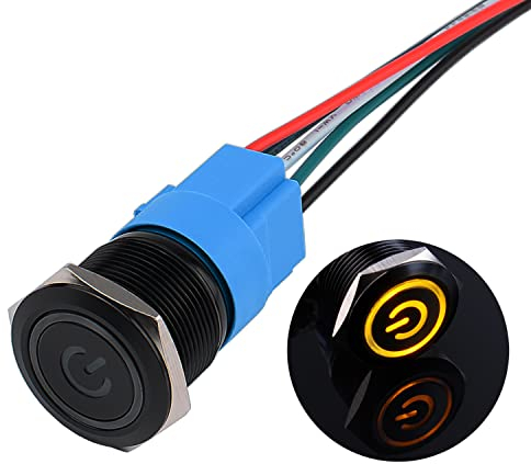 JIQI 22mm Druckschalter 12V bis 24V 5A Wasserdichte Latching Schalter aus Aluminiumlegierung IP66 1NO1NC vorverdrahte schwarze EIN/AUS Schalter mit Power Symbol LED für Motorrad Boot LKW RV (Gelb)