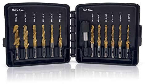 Combination Drill & Tap Bit Set, 6 pc SAE (6-32NC ~ 1/4-20NC) and 6 pc Metric (M3 ~ M10) Titanium Coated Drill Bits Kit for Drilling Screw Threads Tapping Countersinking, with Quick Change Adapter