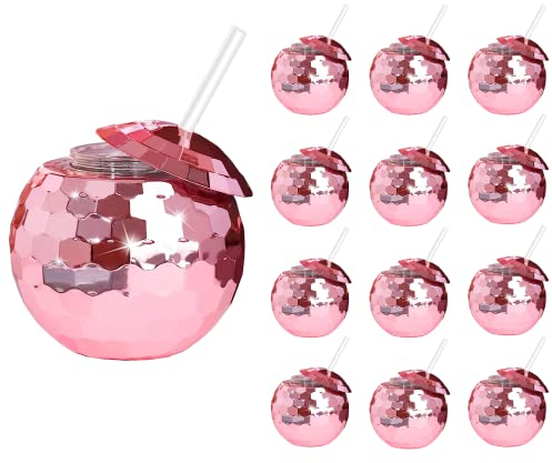 ZHURUININ 12 PCS Disco Ball Cups, 20Oz Disco Party Cups with Lid and Reusable Straw Flash Ball Cocktail Cup for Party Nightclub Bar Supplies Wine Drinking Syrup Tea Bottle(Rose Gold)