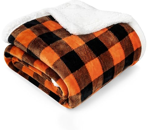 PAVILIA Coperta in pile Sherpa a quadri nero e arancione, per divano doppio, morbida coperta in flanella pelosa per letto, coperta e copriletto in pile a scacchi per Halloween, calda coperta invernale