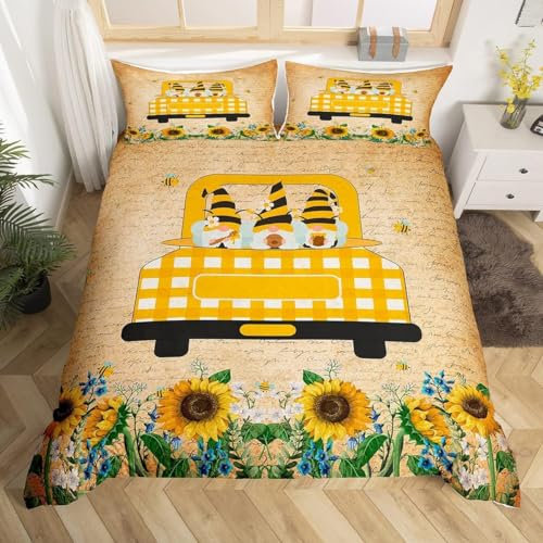 Spring Gnome Duvet Cover King Sweet Honey Bees Truck Loads Gnomes Bedding Set For Teens Youth Rustic Sunflowern Daisy Comforter Cover Vintage Flowers Bed Cover With 2 Pillow Sham
