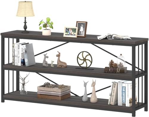 IBF Wood and Metal Book Shelf, Industrial Rustic Low 3 Tier Bookshelf, Farmhouse Long Wide Vintage Horizontal Bookcase, Modern Large Open Etagere for Home Office Living Room Bedroom, Gray Oak, 63 Inch