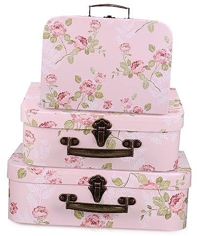 Set di 3 valigie in cartone con motivo floreale decorativo per bagagli, per la conservazione di foto del bambino, in miniatura, decorazione per valigie di carta