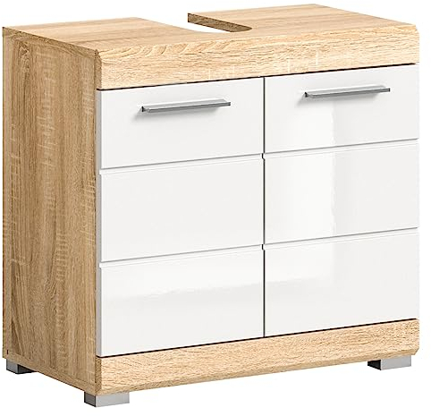 xonox.home Badezimmer Lambada Waschbeckenunterschrank Badunterschrank Waschbecken Unterschrank Schrank Waschtisch Unterschrank in Front weiß Hochglanz Korpus Sonoma Eiche hell ca. 60x56x34 cm