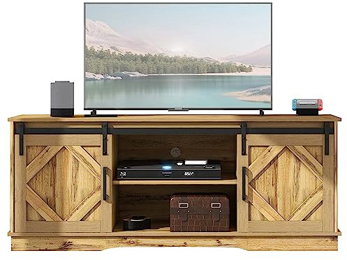 Meuble TV Bas Vintage, Meuble TV Bois 150 cm avec Portes coulissantes et 2 Compartiments Ouverts, étagères modulables, Meuble TV pour Salon Bureau, 150 * 40 * 60cm, Marron Vintage,Brown
