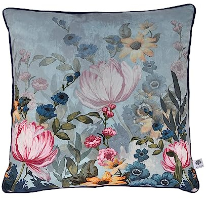 Appletree Kissen mit Blumenmuster (43 x 43 cm), weiches Samtkissen, Füllung im Lieferumfang enthalten, paspelierter Rand, Botanisches Kissen in Blaugrün, Blumenkissen mit Bezug, Kissenfüllung