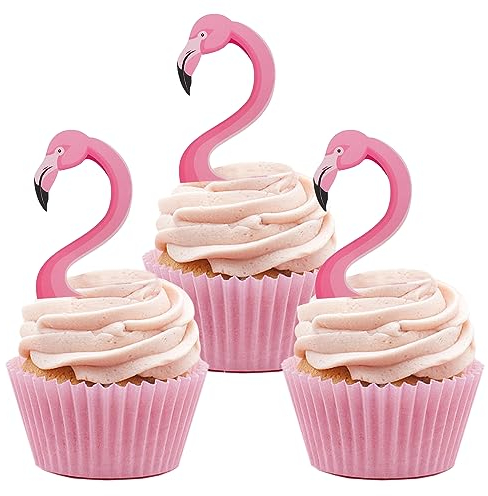 24 Pièces Flamant Rose Cupcake Toppers, Tropical Décoration Gâteau Anniversaire, Aloha Cake Topper Décoration pour Hawaii Aloha Luau Décoration de Fête d'été (Flamant)