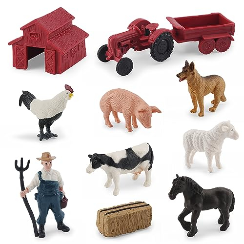 Morofme Realistische Mini Scheune Bauernhof Spielzeug Traktor Playset - Kunststoff Bauernhof Tier Figur Bauernhof Kuchen Topper Figuren Landwirt Fahrzeug Spielzeug LKW mit Anhänger für Kinder